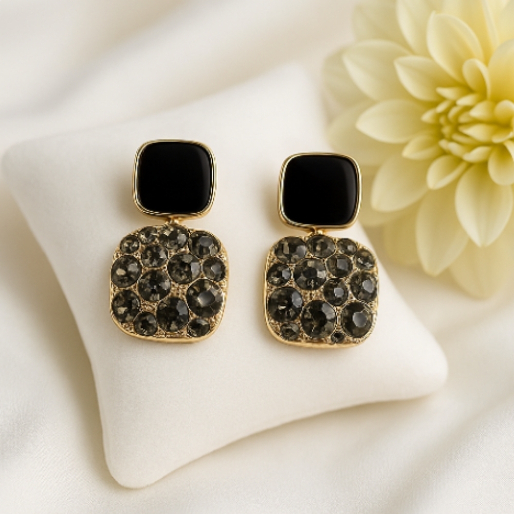 Black Rhinestones Square Dangle Earrings